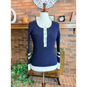 Faherty Henley Sweater Women Navy Blue Ribbed Cotton Cashmere Striped S